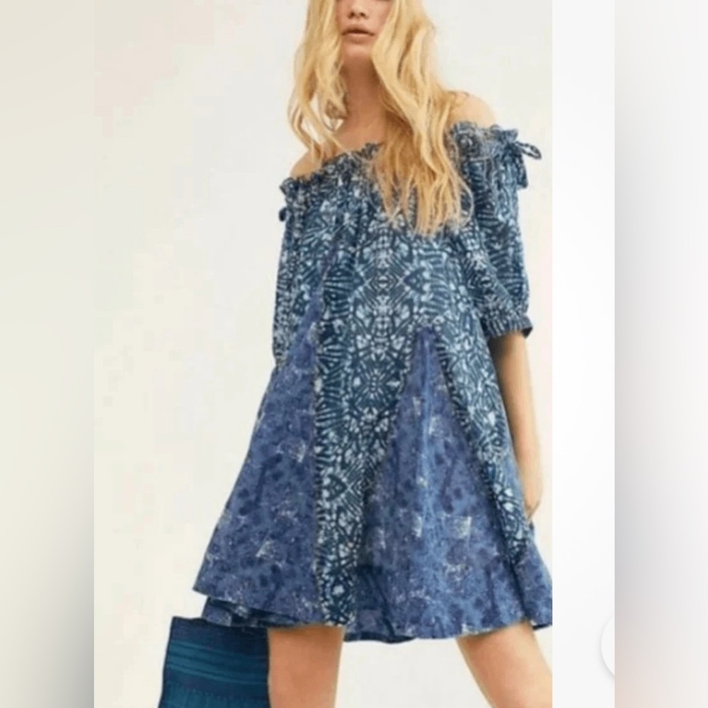 Free People Indigo Batik Jet Set Mini Dress